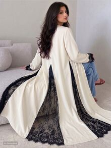 Yasmyna Elegant Lace Patchwork Black & White Contrast Long Open Front Abaya - Apricot - View 3