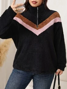 SHEIN LUNE Plus Size Fuzzy Warm Colorblock Crew Neck Pullover Sweatshirt - Multicolor - View 5