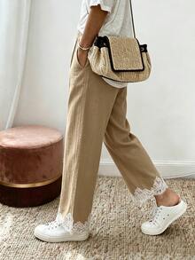 Holdful Holdful Celana Panjang Wanita Model Baru, Kasual, Modis, dengan Patchwork Renda dan Warna Kontras, Saku, dan Potongan Lurus - Khaki - View 3
