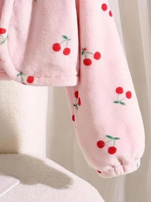SHEIN 青少年女孩毛絨櫻桃印花休閒時尚可愛極簡風開襟外套，秋冬/四季穿著 - 粉色 - 查看 4