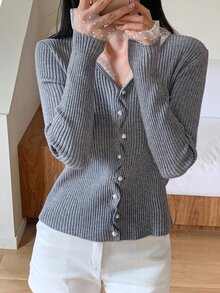 DAZY Women's Exquisite Style Pearl Button Lace Trim Fitted Sweater - Grey - View 4
