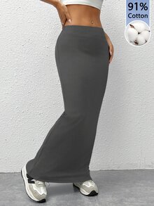 SHEIN EZwear 女款 91% 棉針織修身裙 - 百搭基本款，適合外出，復古風格 - 灰色 - 查看 7