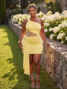 Slaydiva Plus Size Women Solid Color One Shoulder Sleeveless Ruched Ribbon Design Slim Fit Fashion Dress - Yellow - View 11