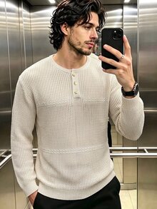 Manfinity Dauomo Old Money Style Men's Round Neck Hollow Knit Top, Early Autumn Casual Double Horizontal Stripe Mesh Long Sleeve Half-Button Pullover Sweater - Apricot - View 1