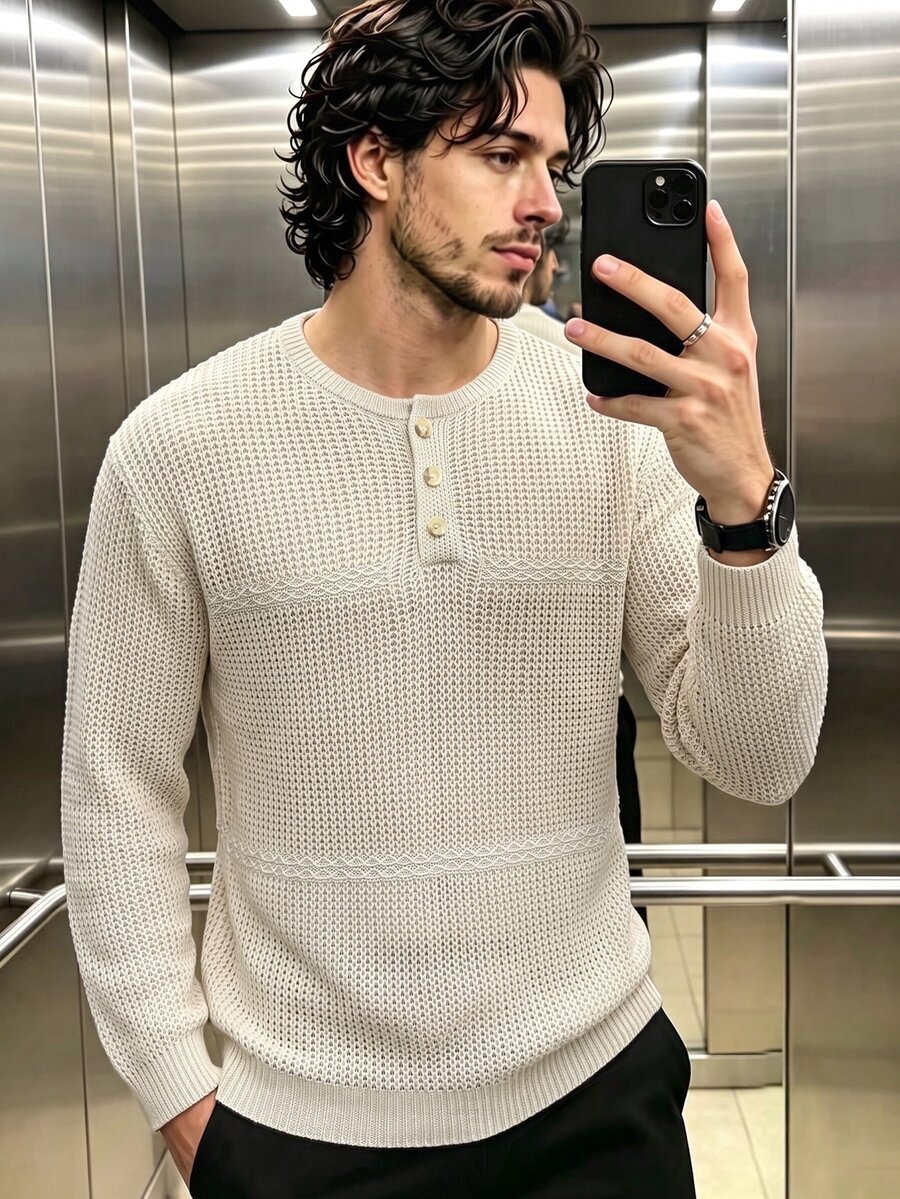 Manfinity Dauomo Old Money Style Men's Round Neck Hollow Knit Top, Early Autumn Casual Double Horizontal Stripe Mesh Long Sleeve Half-Button Pullover Sweater - Apricot - View 1