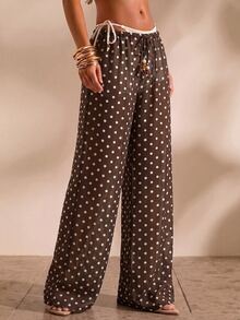Opulessa Women's Polka Dot Casual Daily Wear Cover Up Pants - Chocolate Brown - View 6