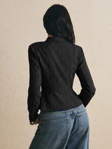 Poéselle 女款條紋拉鍊門襟拿破崙襯衫 - 黑色 - 查看 6