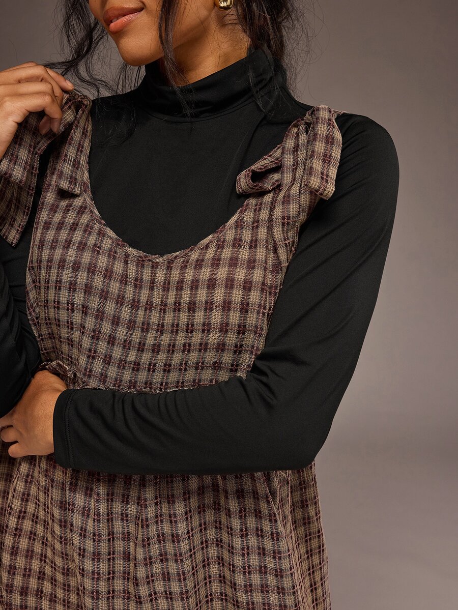 Freevana 2PC Plus Size Women Solid Color Turtleneck Long Sleeve Top And Plaid Shoulder Knot Strap Dress Set - Multicolor - View 1