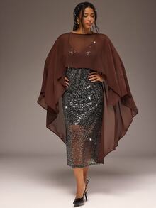 Freevana Elegant Brown Sheer Mesh Poncho Top Silver Metallic Sequin Long Skirt Chic Party Two Pieces Set - Brown - View 3