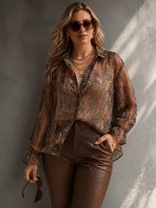 Ceyna Plus Size Lightweight Fabric Snake Print Long Sleeve Shirt - Brown - View 3