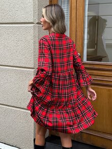 SHEIN LUNE 聖誕休閒通勤女款短洋裝 長袖 秋冬格紋 日常基礎時尚外出穿搭 - 紅色 - 查看 2