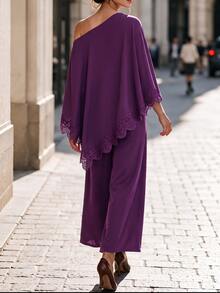 Editum Women's Asymmetrical Lace Patchwork One-Shoulder Top And Loose Pants 2 Pieces Set - Purple - View 2