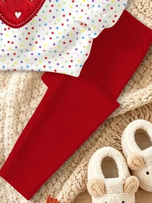 Girls' Colorful Polka Dot Strawberry Pattern Crew Neck Sweatshirt With Burgundy Solid Color Leggings 2 Pieces Set, Casual Kids Outfit - Multicolor - View 6