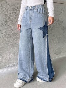 Tween Girl Y2K Grunge Punk Style Loose Fit Star Patchwork Colorblock Wide Leg Jeans, School, Streetwear - Medium Wash - View 10