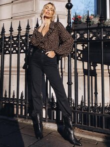 SHEIN Frenchy 女款波點印花燈籠袖時尚連身衣 - 棕色 - 查看 5