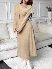 Feyla Women's Elegant Mid-Length Dress For Autumn/Winter - Khaki - View 6