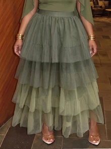 Slaydiva Spring/Autumn New Style Elegant Luxurious Party, Wedding Season, Graduation Season, Cocktail Party, Birthday Party, Date, Ball And Other Occasions Loose Fit Color-Block Green Multi-Layer Sheer Mesh Exaggerated Ruffle Patchwork Women's Plus Size Extra Long Skirt-A - Multicolor - View 10