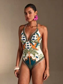 SHEIN Swim 南美椰子樹粉綠花卉定位印花高級連身女款海灘度假套裝 - 彩色 - 查看 4