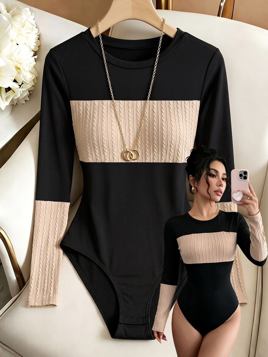 GlowEve Women's Color Block Long Sleeve Ribbed Knit Bodysuit, Round Neck Slim Fit Basic Layering Top - Multicolor - View 1