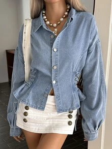 Livesso Women's Tie-Front Design Casual Daily Denim Top Fall - Blue - View 3