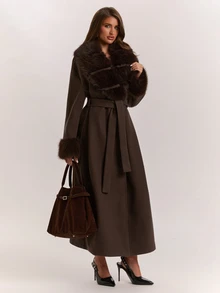 SHEIN BAE Women's Faux Fur Patchwork Long Sleeve Wool Blend Coat - Coffee Brown - View 4
