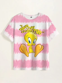 LOONEY TUNES X SHEIN Plus Size Summer Casual Colorblock Striped Cartoon Print T-Shirt - White - View 7
