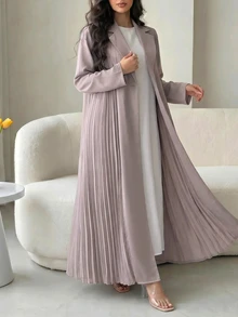 Al Najma Plus Size Women Solid Color Lapel Neck Pleated Hem Abaya - Grey - View 1