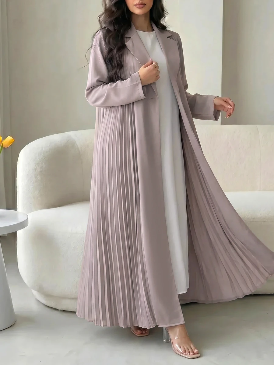 Al Najma Plus Size Women Solid Color Lapel Neck Pleated Hem Abaya - Grey - View 1