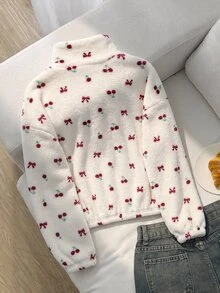 SHEIN Tween Girl 針織蝴蝶結毛絨立領半拉鍊拼接寬鬆休閒長袖秋冬衛衣 - 彩色 - 查看 2