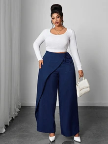 Maweii Celana Kulot Biru Ukuran Besar Elegan Warna Polos dengan Ikatan Samping di Depan dan Model Drape untuk Musim Gugur - Biru - View 5