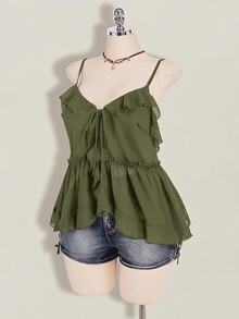 SHEIN ICON Women's Plus Size Ruffle Solid Color Fashion Versatile Camisole Top - Army Green - View 6