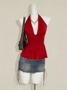 SHEIN ICON 萬聖節女款掛脖露背黑色娃娃裝背心上衣 - 紅色 - 查看 6
