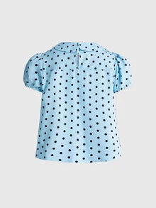 ROMWE Blus Slimming Wanita Model Kawaii Kerah Peter Pan Vintage Polka Dot dengan Hem Mengembang untuk Musim Semi/Panas - Mint Blue - View 2
