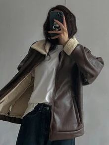 DAZY Women's Colorblock PU Leather Fashion Versatile Long Sleeve Leather Jacket - Brown - View 6