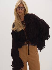 MUSEYN Brown Chunky Knit Loop Detail Cardigan Cosy Versatile Everyday Casual Fall - Coffee Brown - View 1
