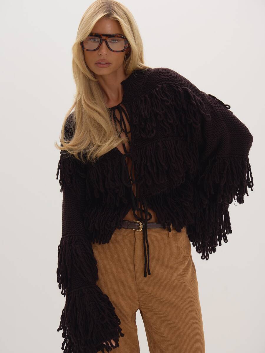 MUSEYN Brown Chunky Knit Loop Detail Cardigan Cosy Versatile Everyday Casual Fall - Coffee Brown - View 1