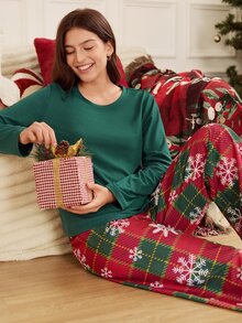 Doze Lane Cotton-Like Solid Color Puff Wrinkle Fabric Plaid Print Long Sleeve Long Pants Pajama Set - Multicolor - View 3