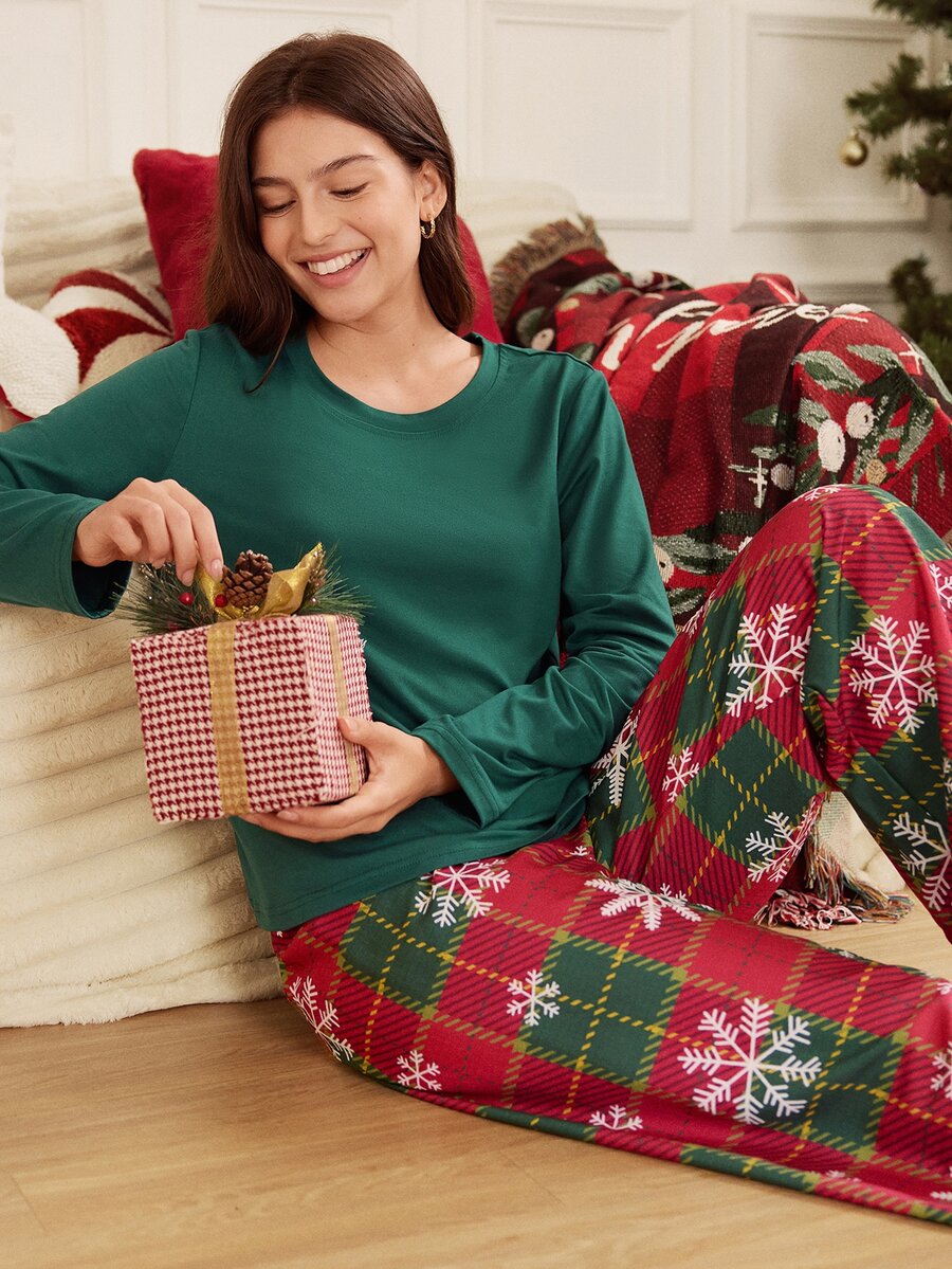 Doze Lane Cotton-Like Solid Color Puff Wrinkle Fabric Plaid Print Long Sleeve Long Pants Pajama Set - Multicolor - View 1