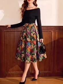 Vintamour Women's Vintage Court Style Jacquard Pleated Skirt - Multicolor - View 2