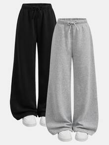 SHEIN Girlism Tween女孩 2件組 黑灰色 秋冬簡約抽繩鬆緊直筒運動長褲，適合休閒日常穿著 - 彩色 - 查看 1