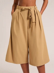 SHEIN BAE Women's Loose Casual Solid Color Back Waist Elastic Pleated Mid-Length Wide Leg Pants - Khaki - View 1
