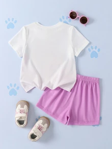 SHEIN | PAW Patrol Young Girl Crew Neck Short Sleeve T-Shirt And Shorts Casual Set - Pink - View 2