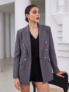 Aveloria Modichic 女款寬肩修身長版紋理西裝外套，雙排扣金色鈕扣，優雅商務老錢風棕色千鳥格秋季女裝 - 藍色 - 查看 5