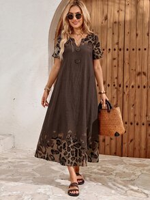 EMERY ROSE Gaun Panjang Kasual Wanita Gaya Boho Motif Leopard untuk Acara Brunch, Motif Leopard Abu-abu, Musim Gugur - Coklat - View 7