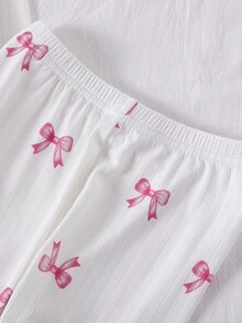 SHEIN 1 Set Girls' Fitted Loungewear Set, Ribbed Texture Fabric With All-Over Pink Bow Pattern, High Elasticity, Soft And Skin-Friendly, Slim Fit Long Sleeve Top And Long Pants Two Pieces Set (1 Set Sold Separately) - White - View 6