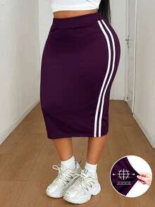 Mawevolt Damen Große Größen Lässig Reines Schwarz Gestrickter Hoch-Elastischer Stoff Seiten Kontrastfarbe Band Design Enger Bodycon Rock Vielseitiger Schwarzer Rock Große Größen Lässiges Outfit Damen Große Größen Neuer Stil Party Zusammenkunft Nacht Date Modeartikel Vielseitiger Rock - Violett - Übersicht 3