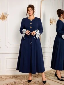 Modelyn Elegant Solid Color Knit Round Neck Long Sleeve Contrast Cuff Lace Trim Cinched Waist A-Line Regular Fit Plus Size Dress For Spring And Autumn - Navy Blue - View 5