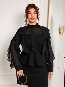 Modelyn Women's Ruffle Waist Top And Bodycon Skirt 2 Pieces Set, Elegant Commuter Design, Plus Size - Black - View 6