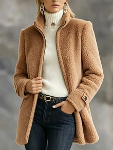 SHEIN 女款秋冬抓絨泰迪外套 立領拉鍊長袖保暖休閒中長版夾克 - 棕色 - 查看 3