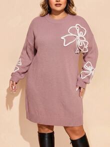 SHEIN CURVE+ Plus Size Women's Floral Print Casual Everyday Knit Dress - Pink - View 5
